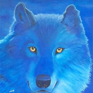 une tête de loup peinte en bleu lumineux